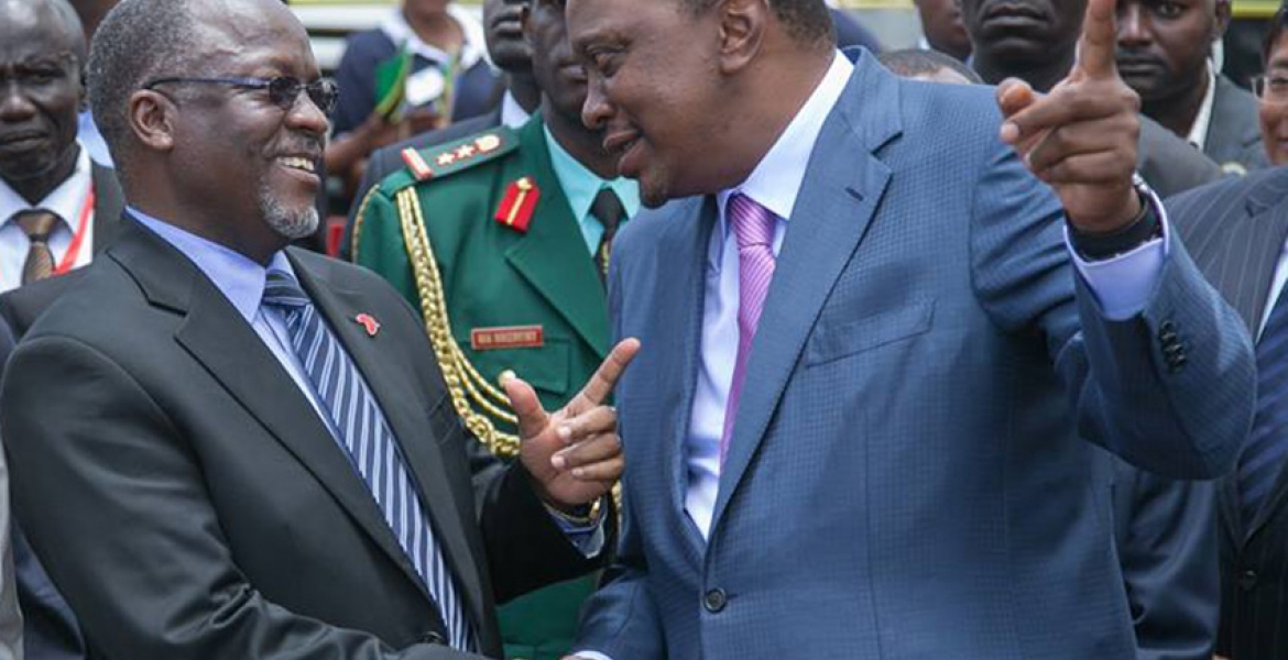 President Uhuru Kenyatta speaks to his Tanzanian counterpart, John Magufuli at a past event Brookside among 20 Companies Blocked by Tanzania in Export Row