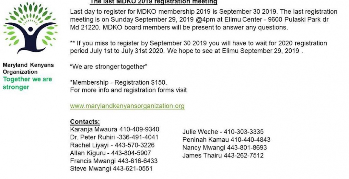 Maryland Kenyans Organization Final Registration Meeting: Sunday, September 29th, 2019