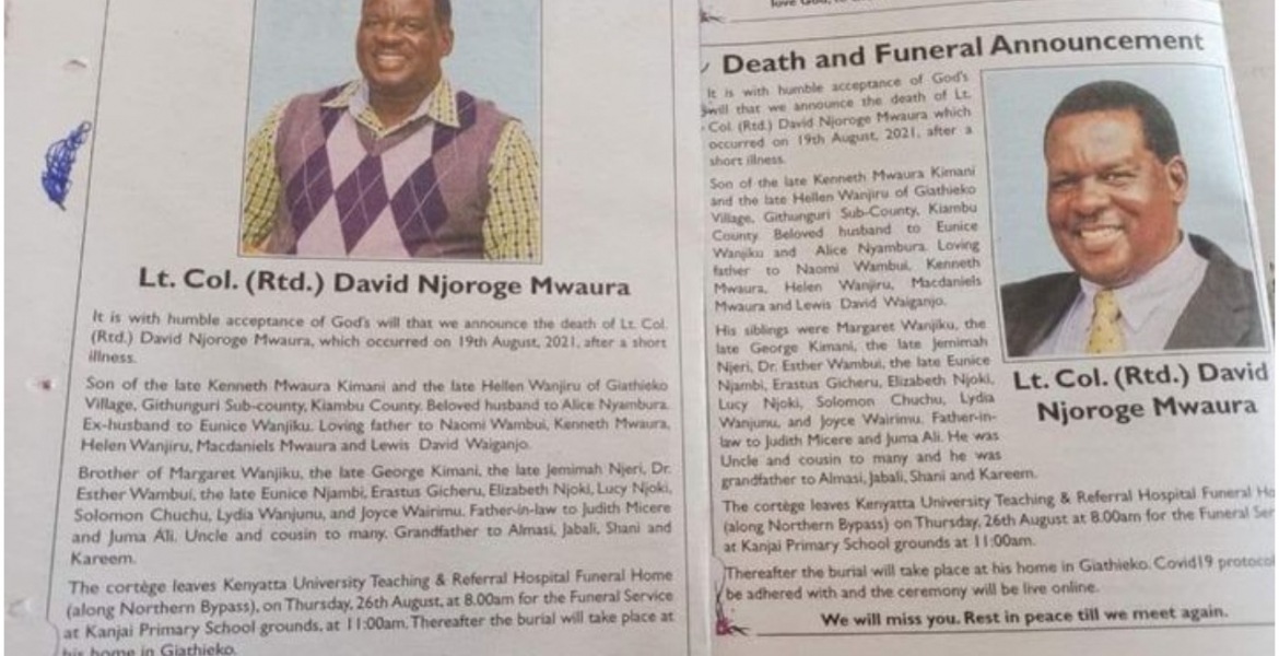 Kiambu Family Divided on Deceased Kin’s Marital Status, Places Two Parallel Obituaries in Newspaper