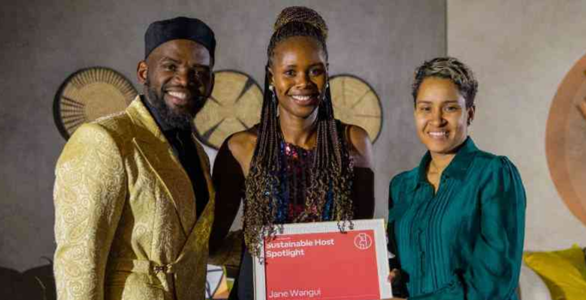 Jane Wangui From Kenya Receiving the Sustainable Award Kenyan Couple Awarded the Most Sustainable Airbnb Hosts in Africa