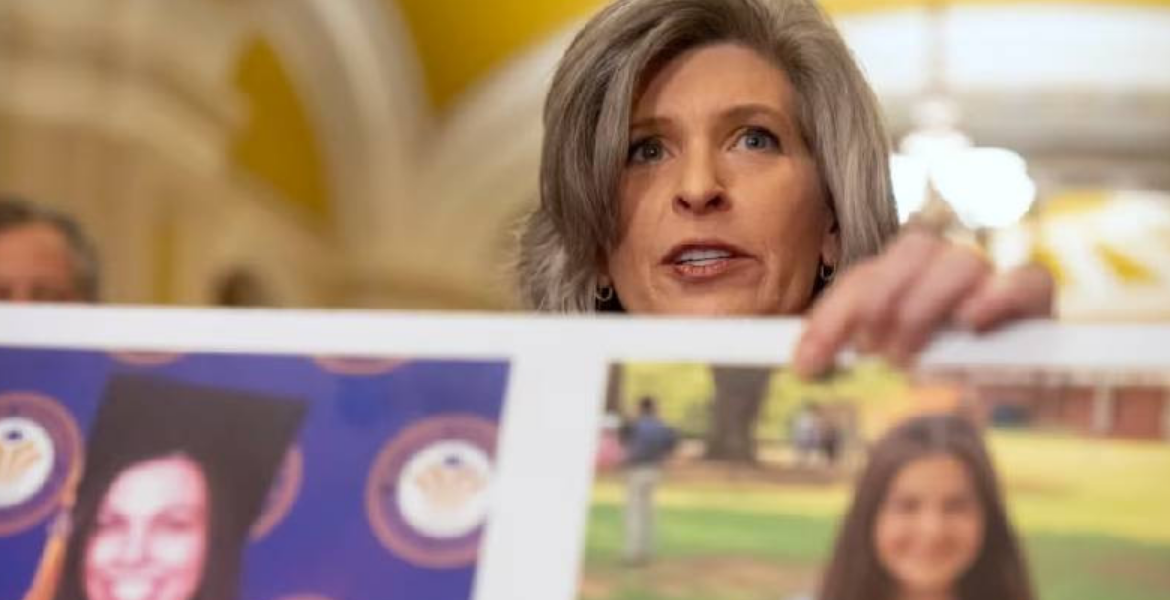 Sen Joni Ernst, R-Iowa, Holds a Poster With Photos of Murder Victims Sarah Root and Laken Riley Senseless Murder of Student in the US Fuels Immigration Debate