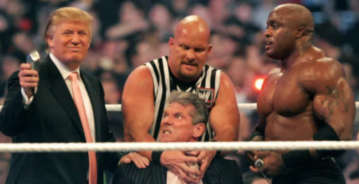 Trump's Trademark Hair was Spared After His Fighter, Bobby Lashley (right), Defeated the Wrestler Representing Vincent McMahon (bottom centre) Why Wrestling Stars are Joining Trump's Campaign Trail