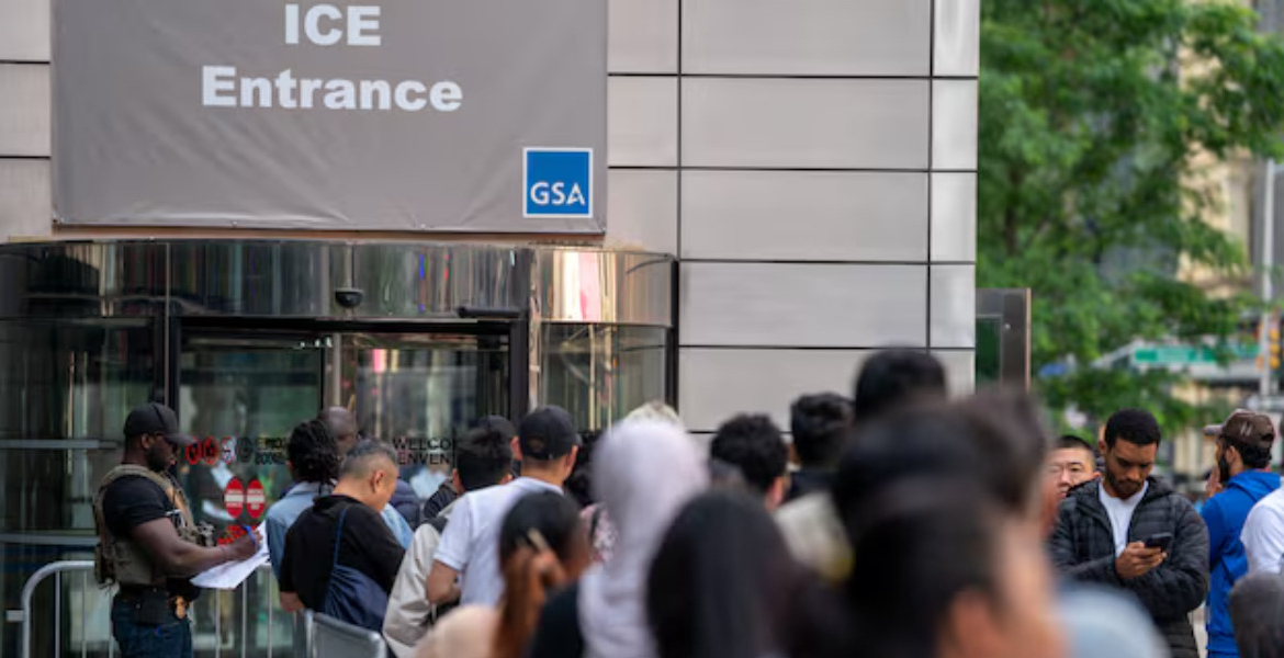 People Lined up to Enter the U.S. Immigration Court, in Manhattan, New York City, Pentagon Authorises Deployment of Military Lawyers for Immigration Cases