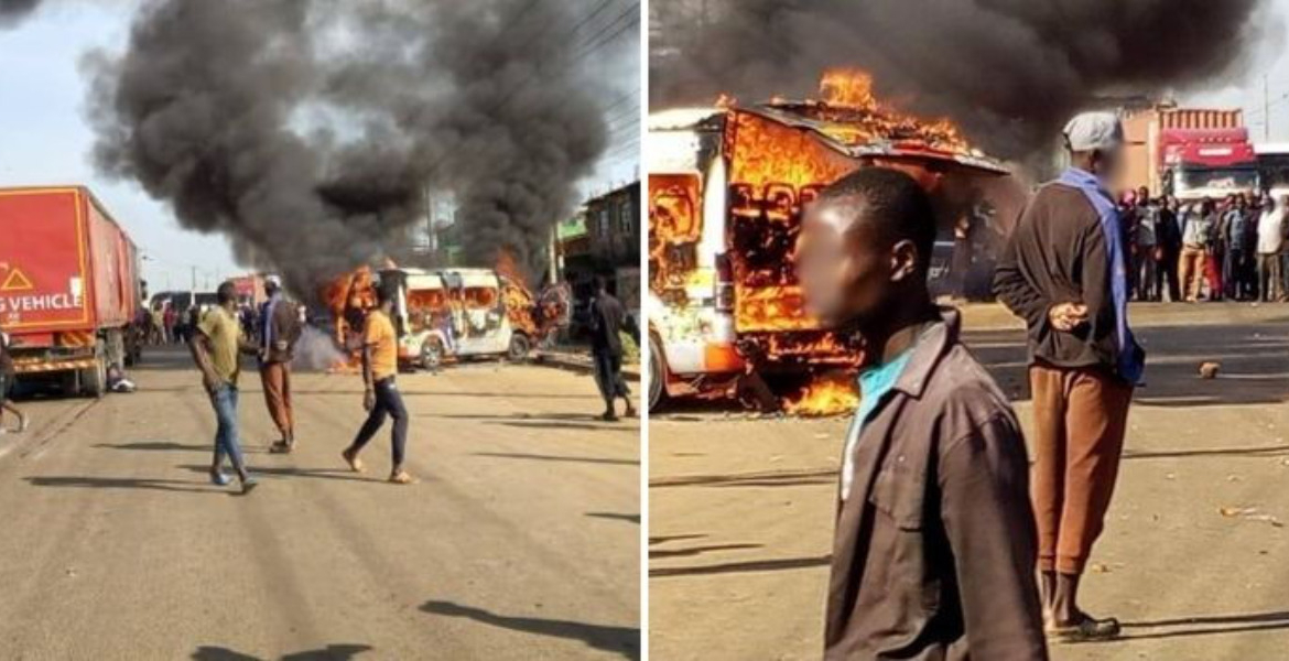 14-seater Matatu is on Fire Along the Kisumu-Busia Highway Vihiga Boda Boda Riders Torch Matatu, Loot Soda Trailer After Fatal Crash Sparks Chaos