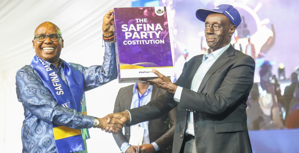 Presidential hopeful Jimmy Wanjigi (left) Takes Over Safina Leadership From Paul Muite (Right) Jimi Wanjigi Takes Helm of Safina Party, Vows to Challenge President Ruto in 2027